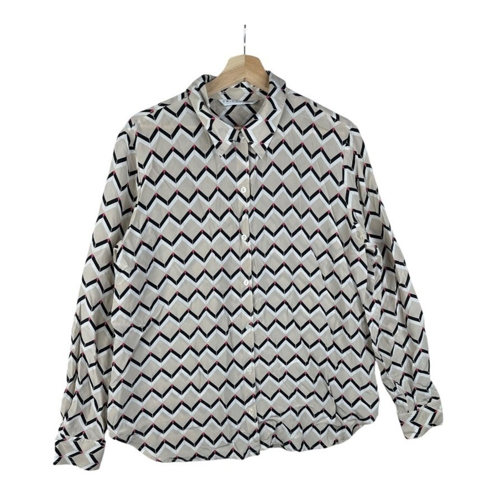 Trina Turk 100% Silk Zig Zag Print Button Down Shirt size XL Multicolor